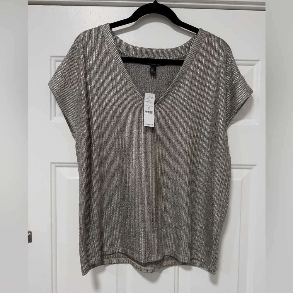 White House Black Market Silver V-Neck Blouse